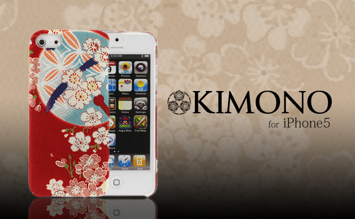 和の装い「着物（KIMONO）」が、iPhone5に日本の伝統美を添える。 ちりめん着物を身にまとったiPhone5が、日本の伝統文化を世界に発信します。